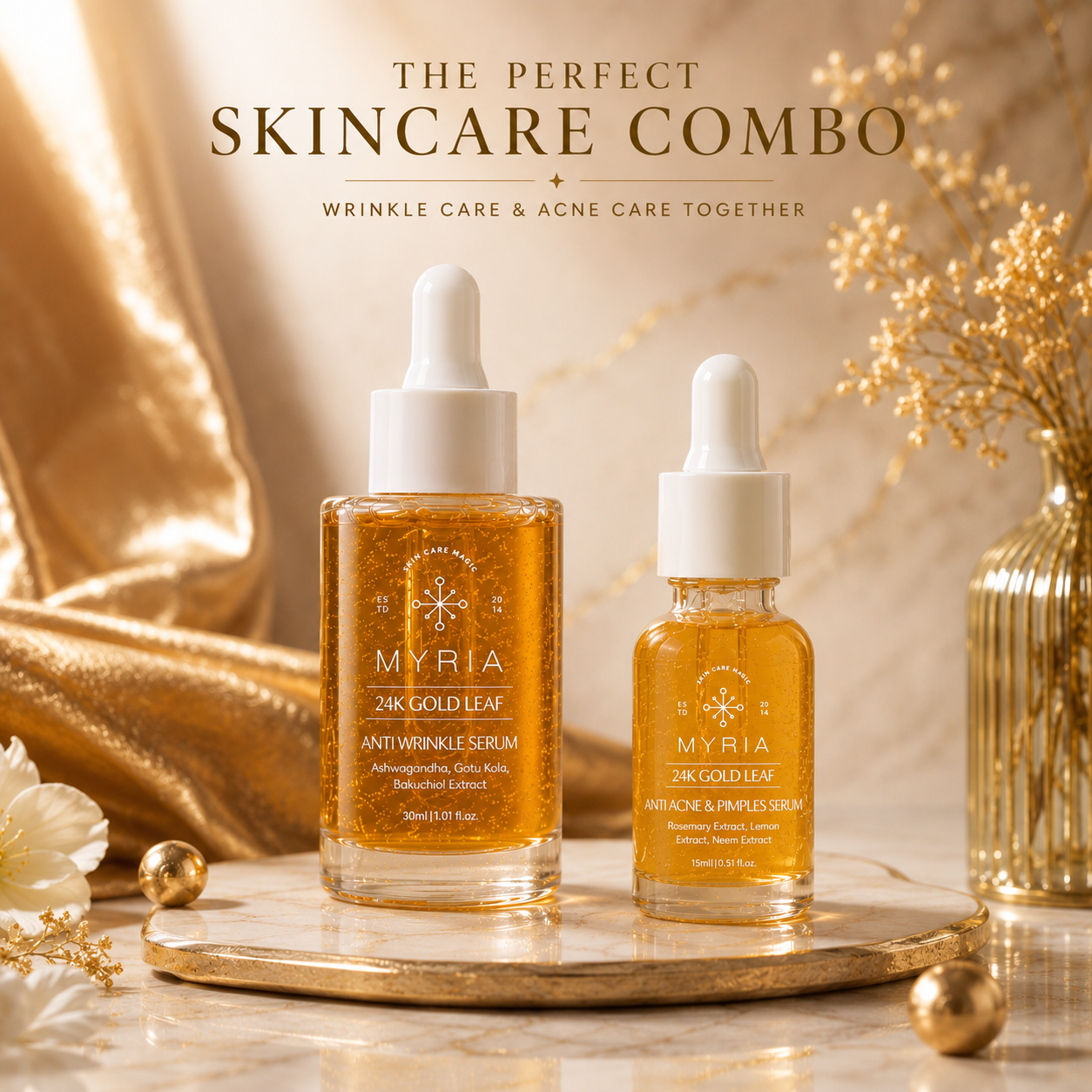 Myria 24K Gold Leaf Serum Combo: Anti-Acne (15ml), Anti-Wrinkle (30ml)