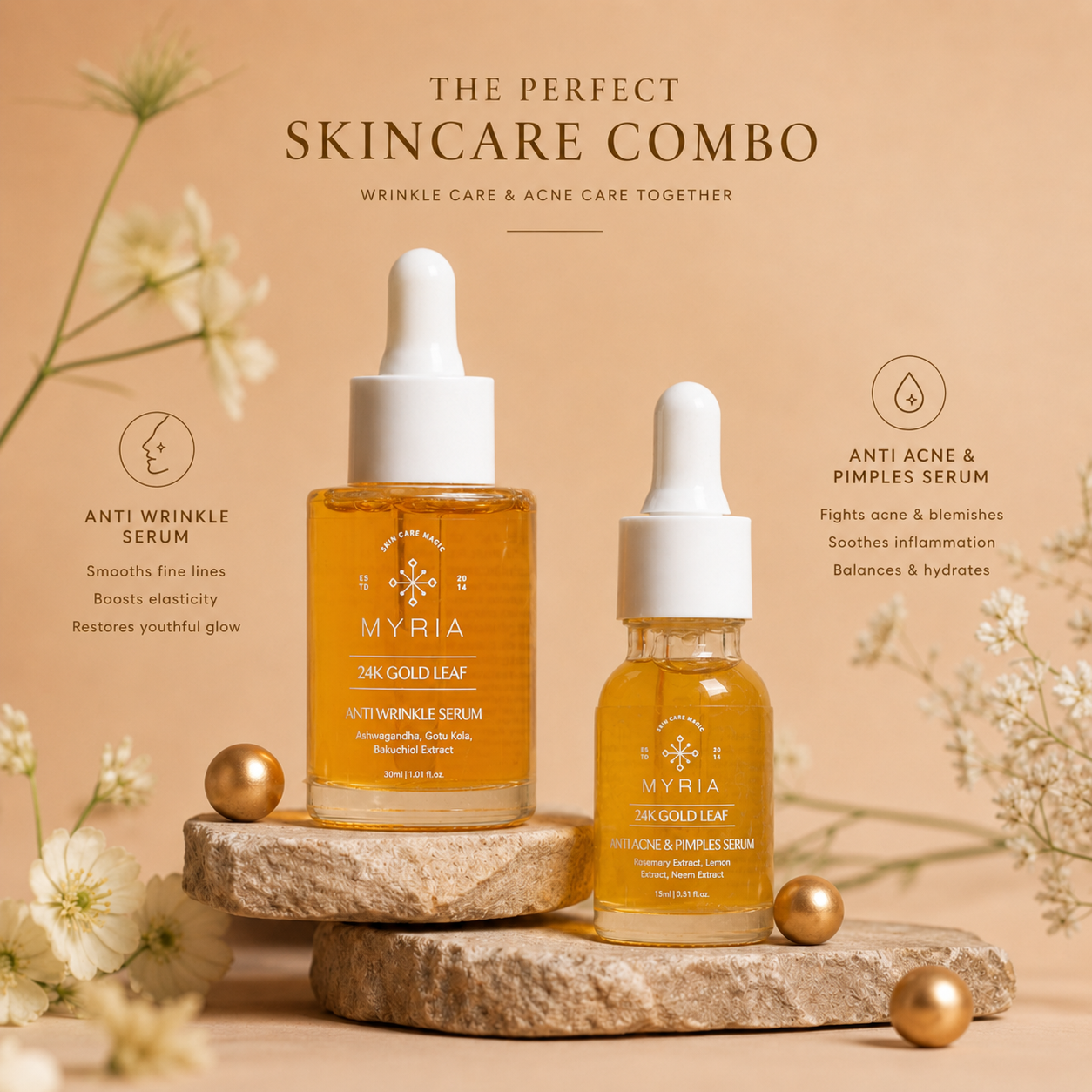 Myria 24K Gold Leaf Serum Combo: Anti-Acne (15ml), Anti-Wrinkle (30ml)