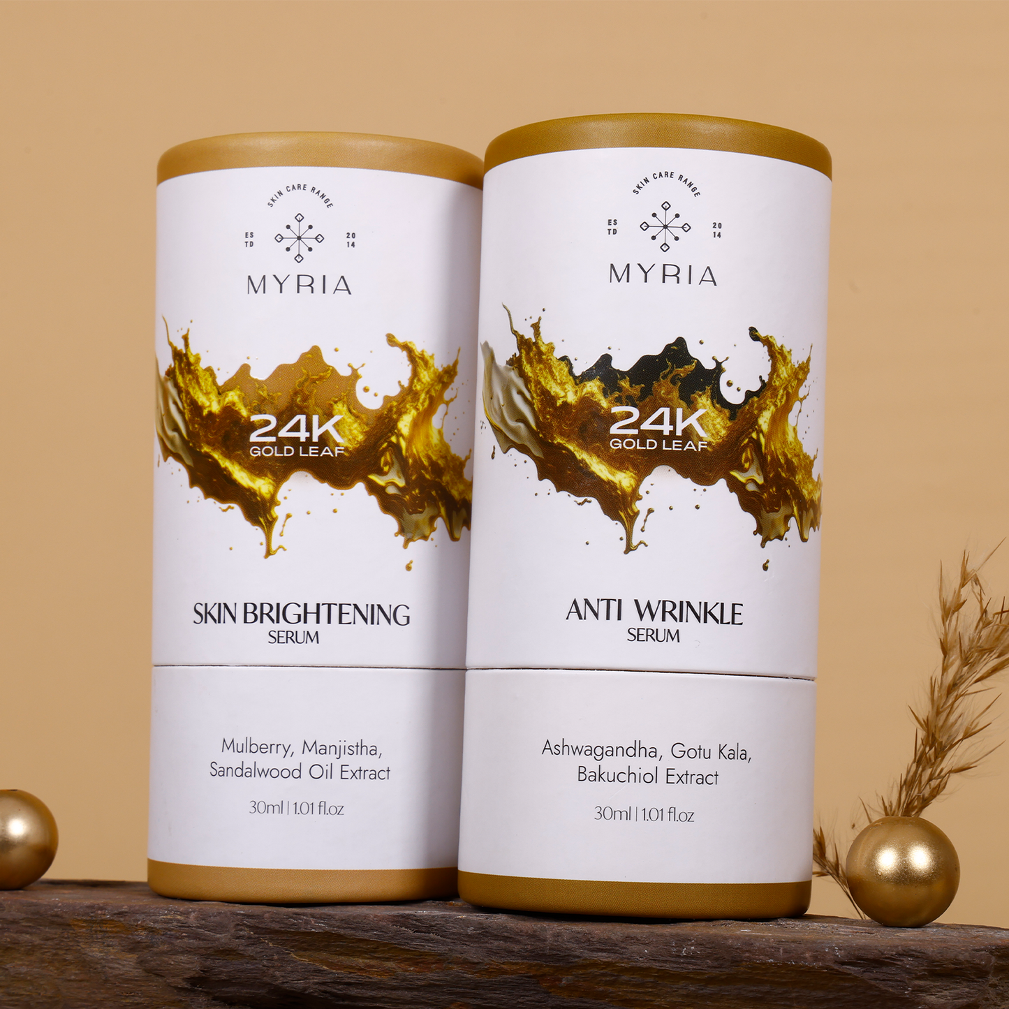 Myria 24K Gold Leaf Serum Combo: Brightening (30ml), Anti-Wrinkle (30ml)