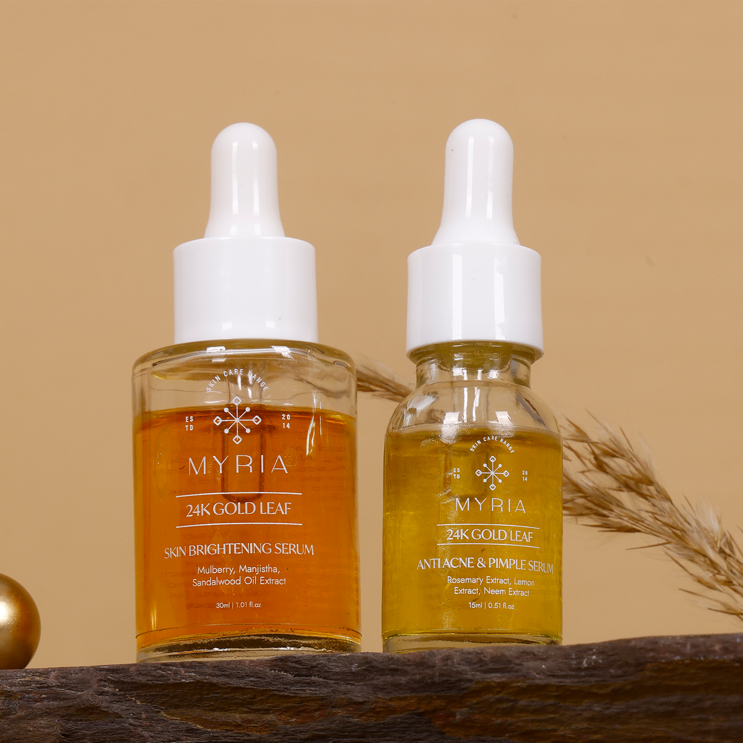 Myria 24K Pure Gold Leaf Skin Brightening Serum (30ml) + Myria 24K Pure Gold Leaf Anti Acne & Pimples Serum (15ml)
