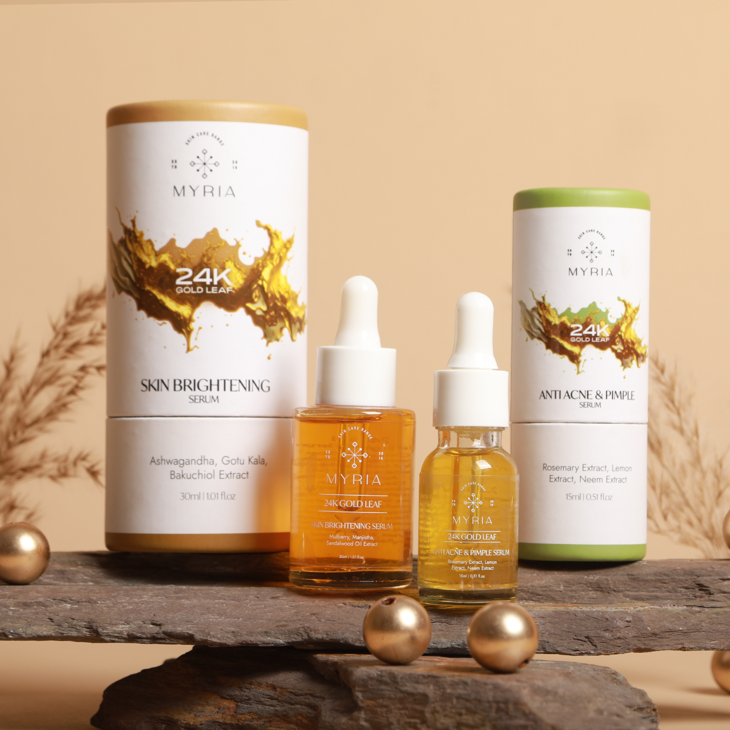 Myria 24K Gold Leaf Serum Combo: Brightening (30ml), Anti-Acne (15ml)