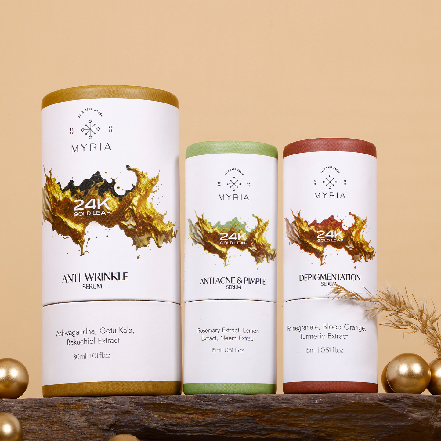 Myria 24K Pure Gold Leaf Anti Wrinkles Serum (30ml) + Myria 24K Pure Gold Leaf Anti Acne & Pimples Serum (15ml) + Myria 24K Pure Gold Leaf Depigmentation Serum (30ml)
