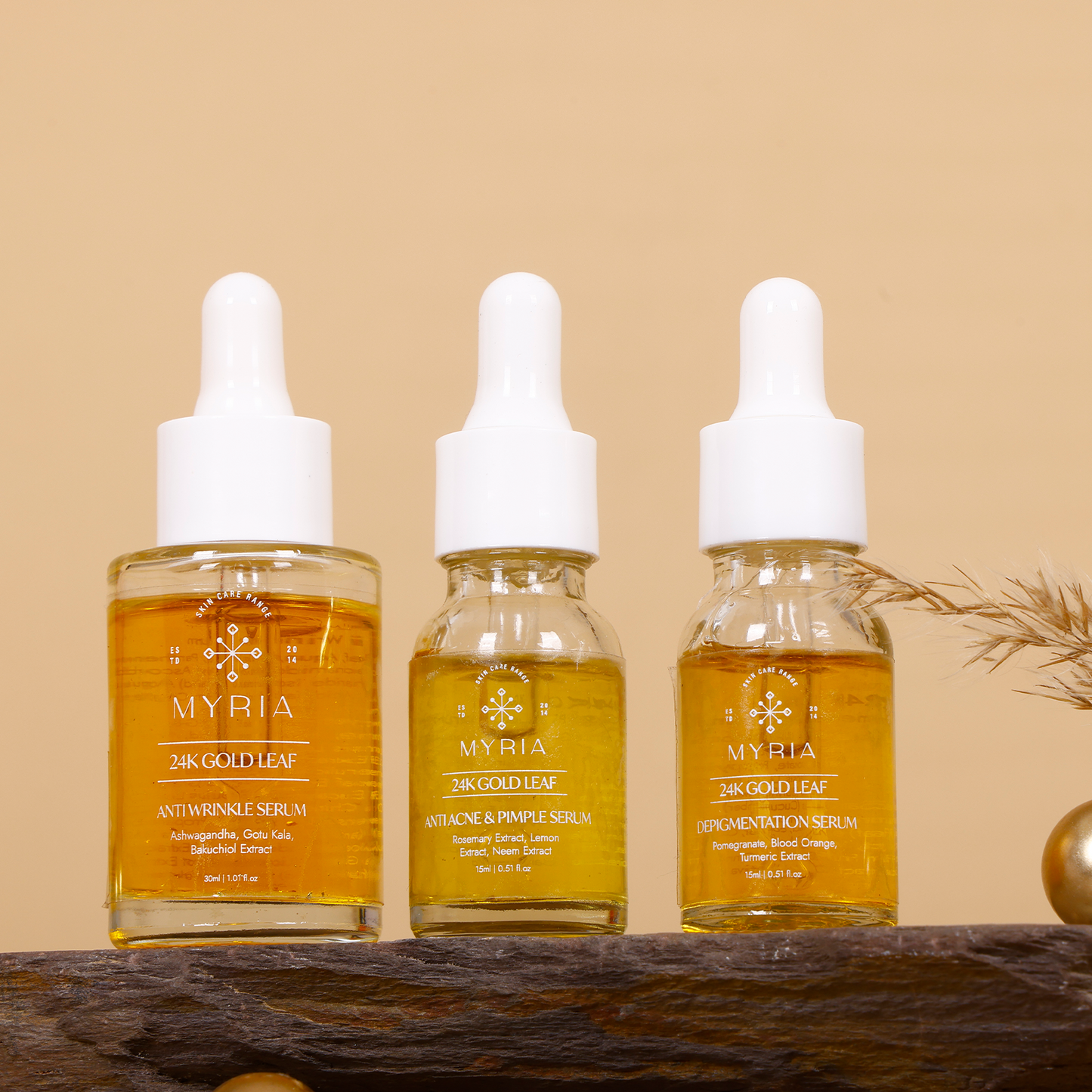 Myria 24K Pure Gold Leaf Anti Wrinkles Serum (30ml) + Myria 24K Pure Gold Leaf Anti Acne & Pimples Serum (15ml) + Myria 24K Pure Gold Leaf Depigmentation Serum (30ml)