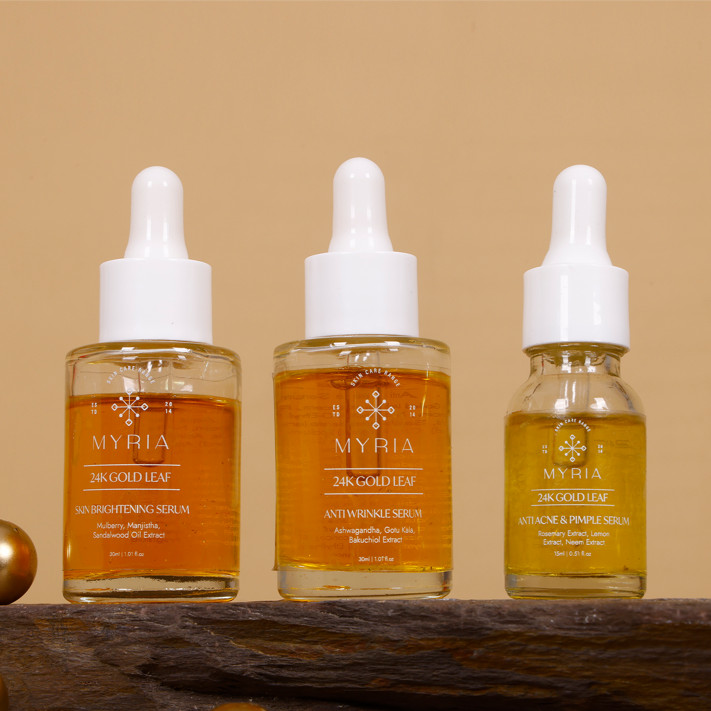 Myria 24K Pure Gold Leaf Skin Brightening Serum (30ml) + Myria 24K Pure Gold Leaf Anti Acne & Pimples Serum (15ml) + Myria 24K Pure Gold Leaf Anti Wrinkles Serum (15ml)