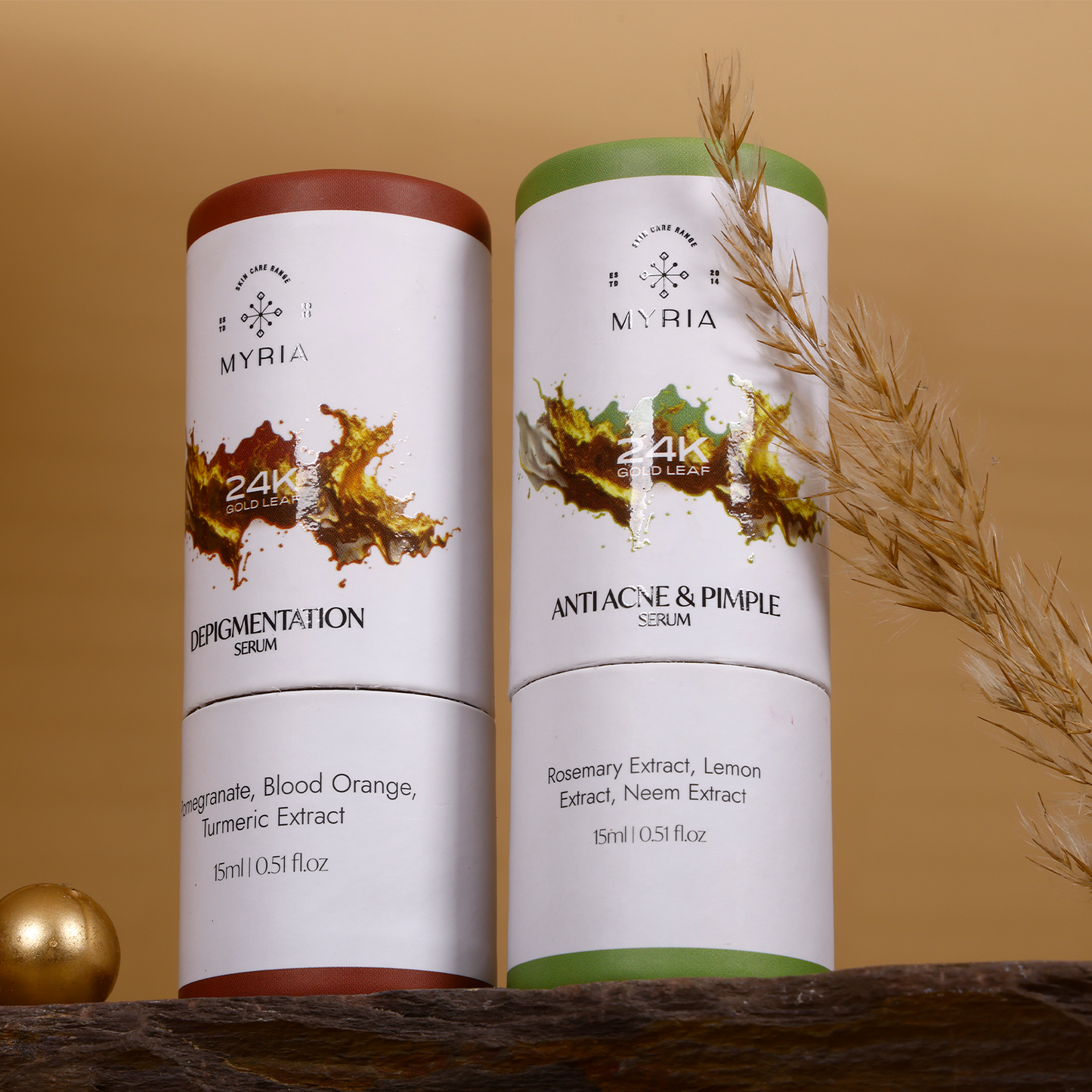 Myria 24K Pure Gold Leaf Depigmentation Serum (15ml) + Myria 24K Pure Gold Leaf Anti Acne & Pimples Serum (15ml)