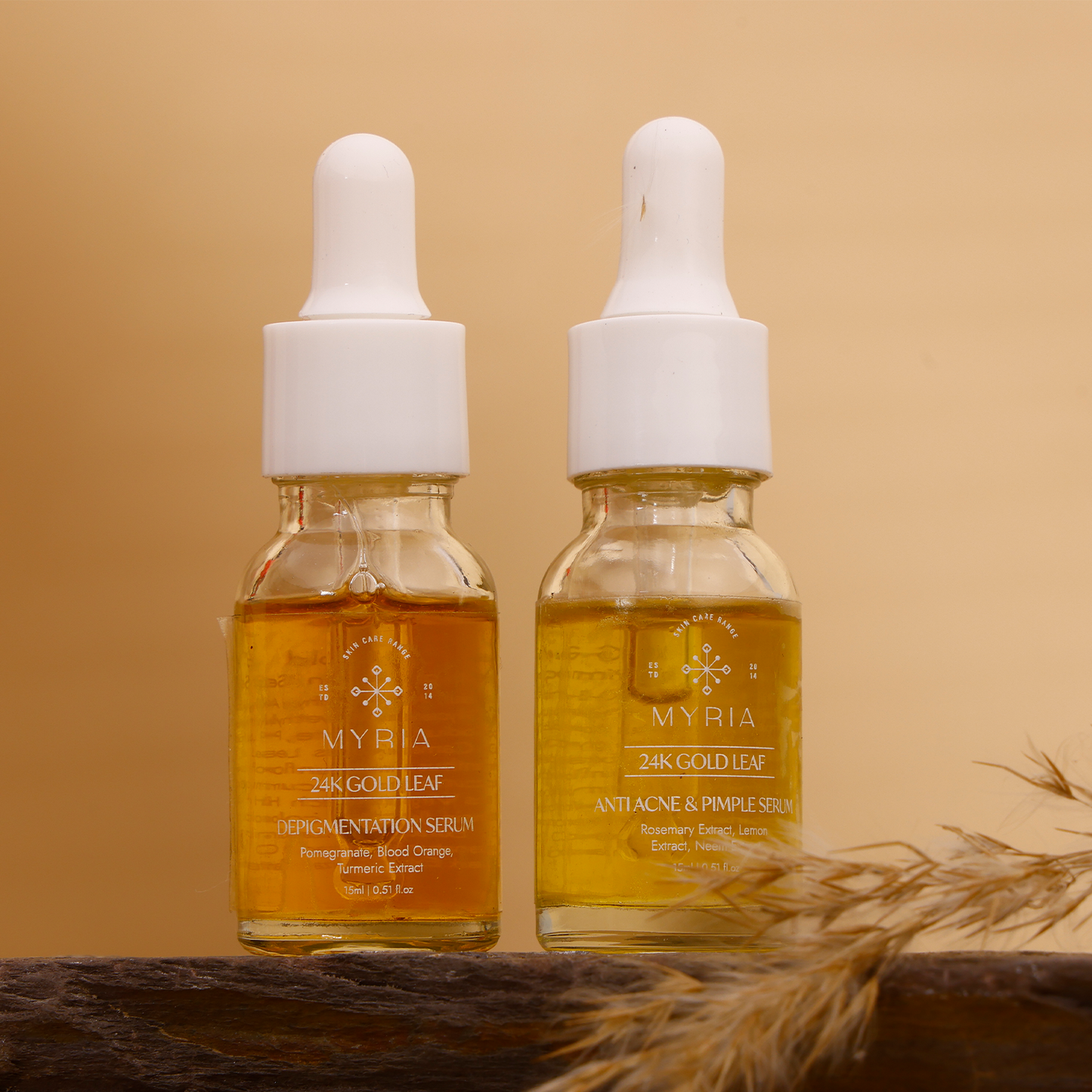 Myria 24K Pure Gold Leaf Depigmentation Serum (15ml) + Myria 24K Pure Gold Leaf Anti Acne & Pimples Serum (15ml)