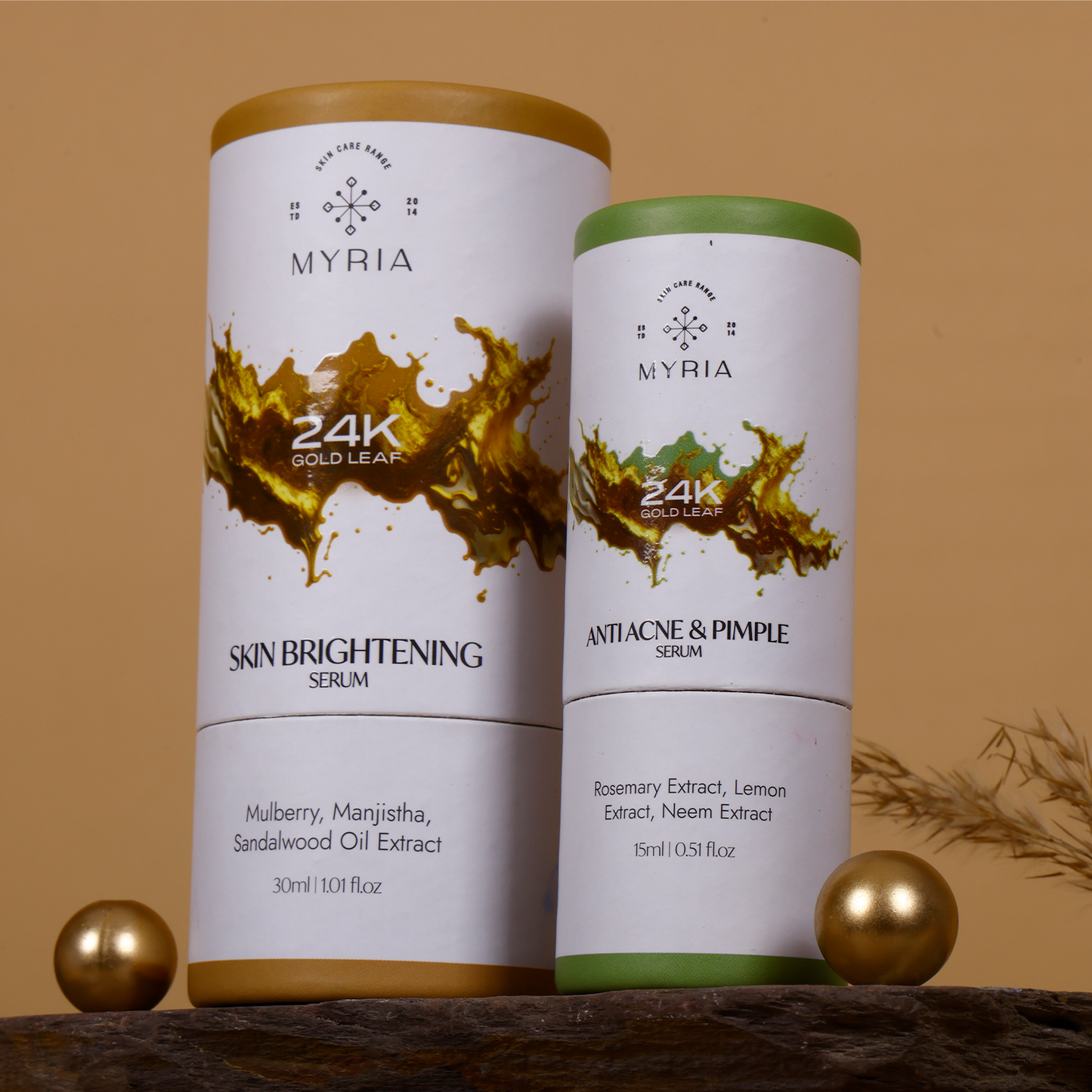 Myria 24K Pure Gold Leaf Skin Brightening Serum (30ml) + Myria 24K Pure Gold Leaf Anti Acne & Pimples Serum (15ml)
