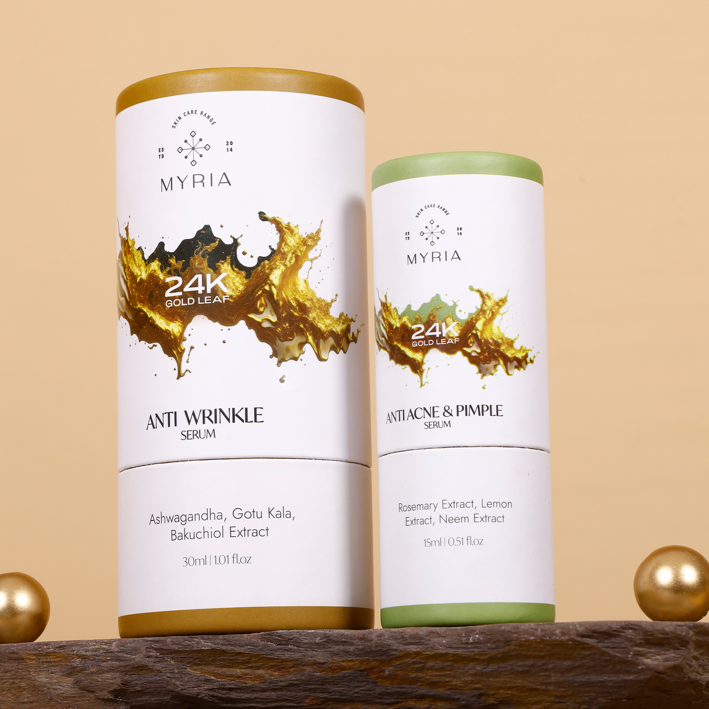 Myria 24K Pure Gold Leaf Anti Acne & Pimples Serum (15ml) + Myria 24K Pure Gold Leaf Anti Wrinkles Serum (30ml).
