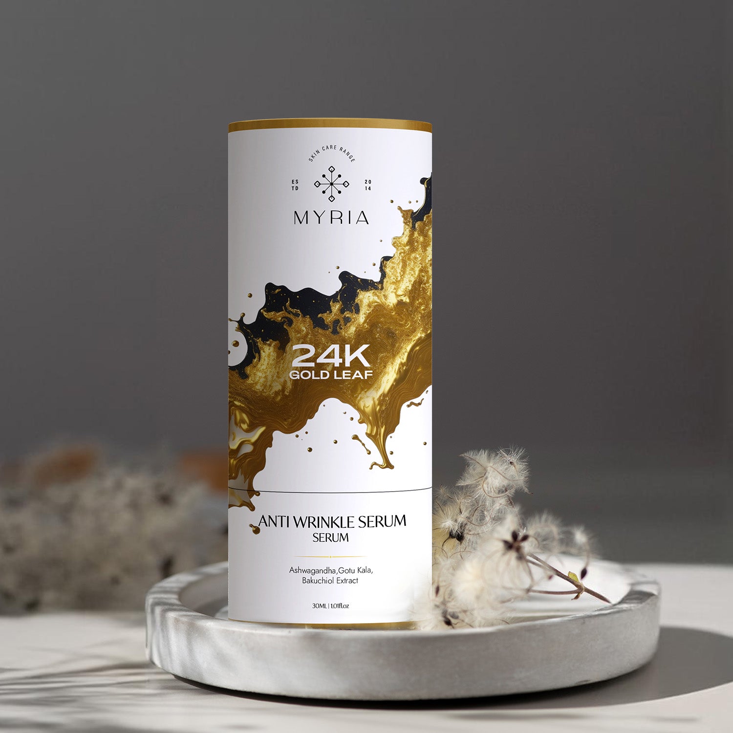 A bottle containing 24K Gold Leaf Anti Wrinkle Serum.