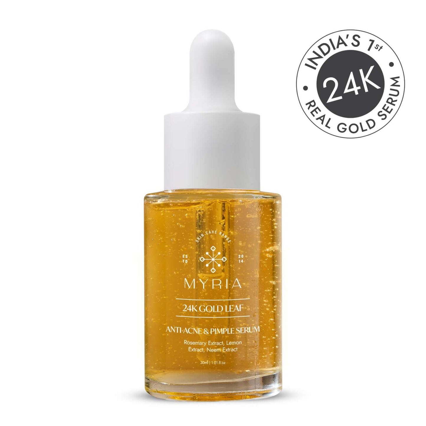 A bottle containing 24K Gold Leaf Anti-Acne and Pimple Serum.