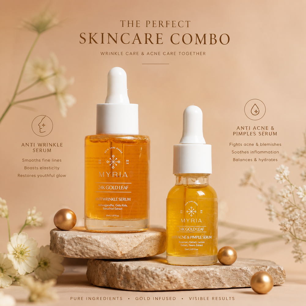 Myria 24K Gold Leaf Serum Combo: Anti-Acne (15ml), Anti-Wrinkle (30ml)