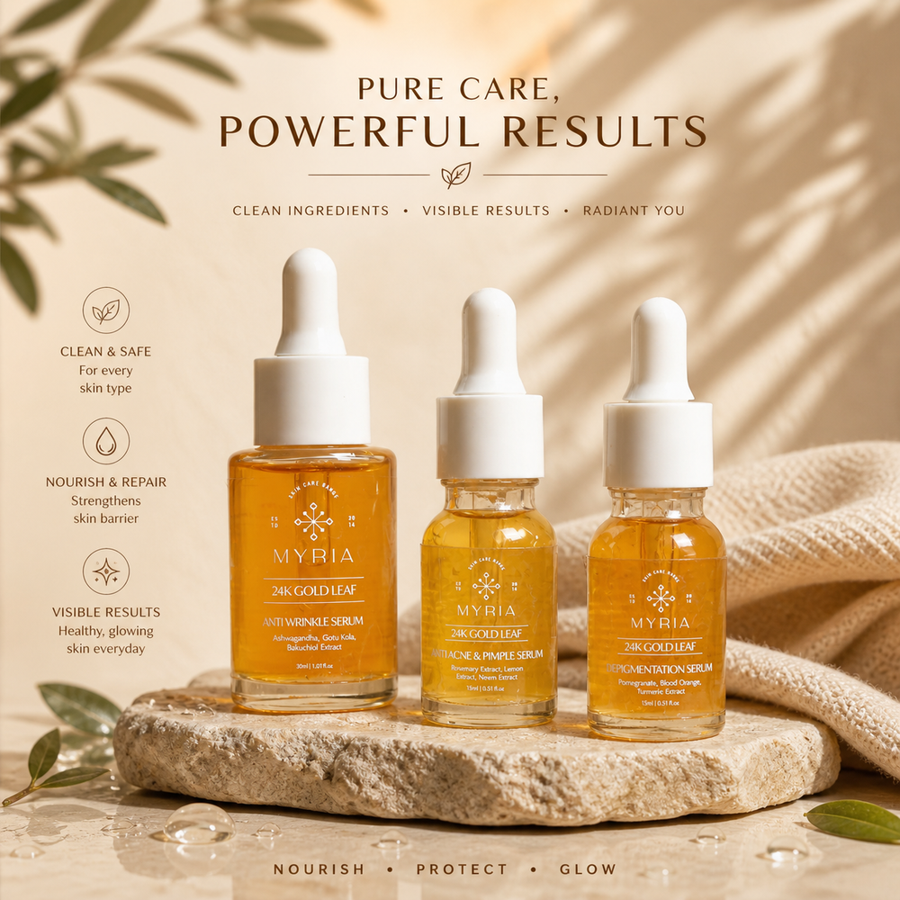 Myria 24K Gold Leaf Serum Combo: Anti-Wrinkle (30ml), Anti-Acne (15ml), Depigmentation (15ml)