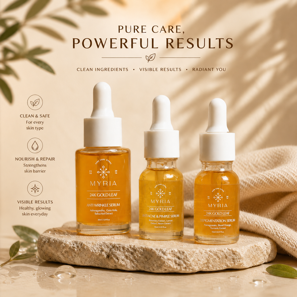 Myria 24K Gold Leaf Serum Combo: Anti-Wrinkle (30ml), Anti-Acne (15ml), Depigmentation (15ml)