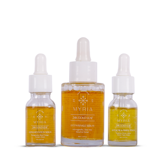 Myria 24K Pure Gold Leaf Anti Wrinkles Serum (30ml) +  Myria 24K Pure Gold Leaf Anti Acne & Pimples Serum (15ml) +  Myria 24K Pure Gold Leaf Depigmentation Serum (30ml)