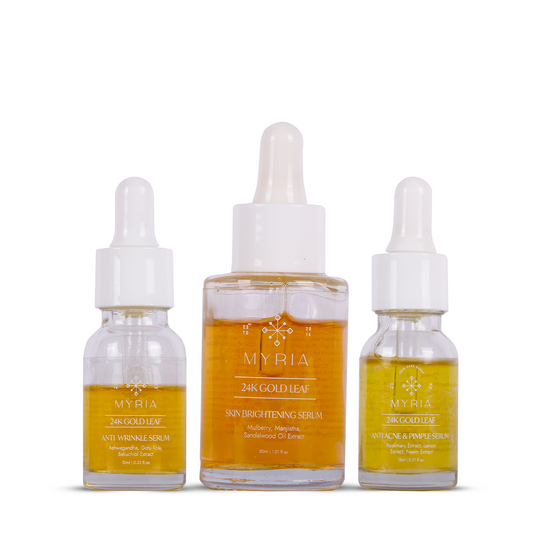 Myria 24K Pure Gold Leaf Skin Brightening Serum (30ml) +  Myria 24K Pure Gold Leaf Anti Acne & Pimples Serum (15ml) +  Myria 24K Pure Gold Leaf Anti Wrinkles Serum (15ml)