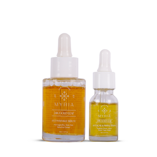 Myria 24K Pure Gold Leaf Anti Acne & Pimples Serum (15ml) +  Myria 24K Pure Gold Leaf Anti Wrinkles Serum (30ml).