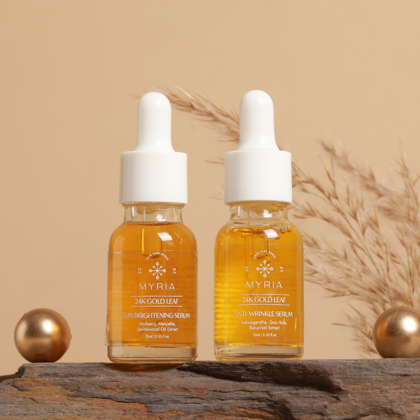 Myria 24K Gold Leaf Serum Combo: Brightening (30ml), Anti-Wrinkle (30ml)