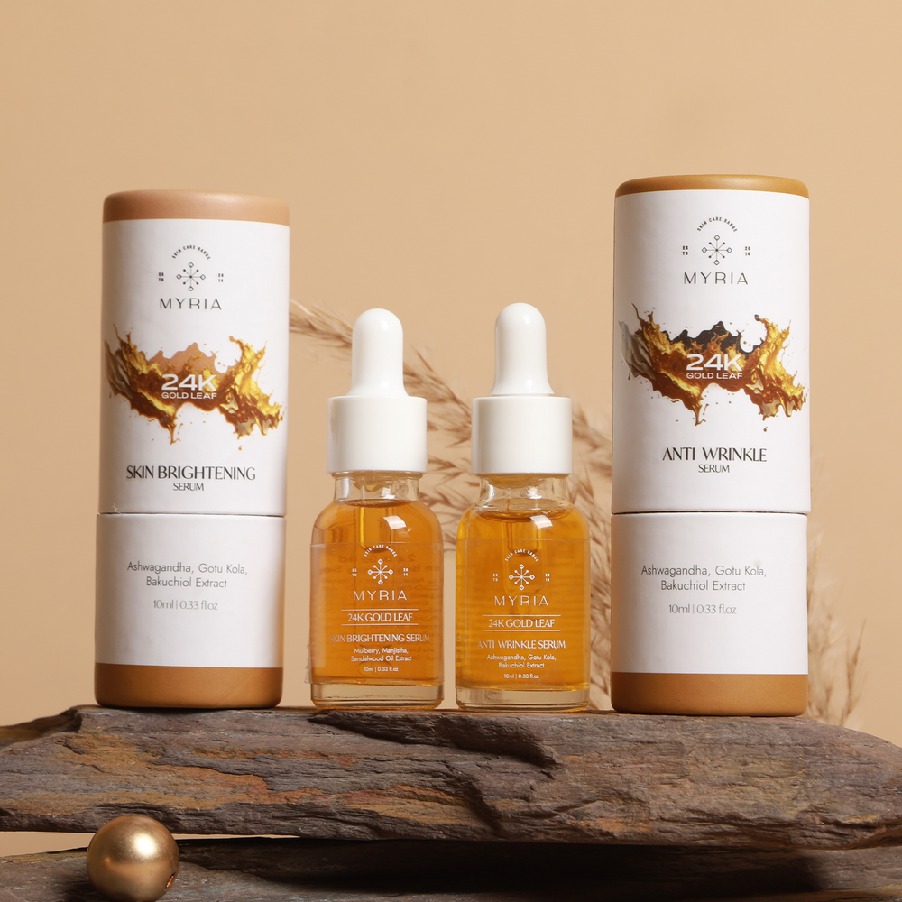 Myria 24K Gold Leaf Serum Combo: Brightening (30ml), Anti-Wrinkle (30ml)