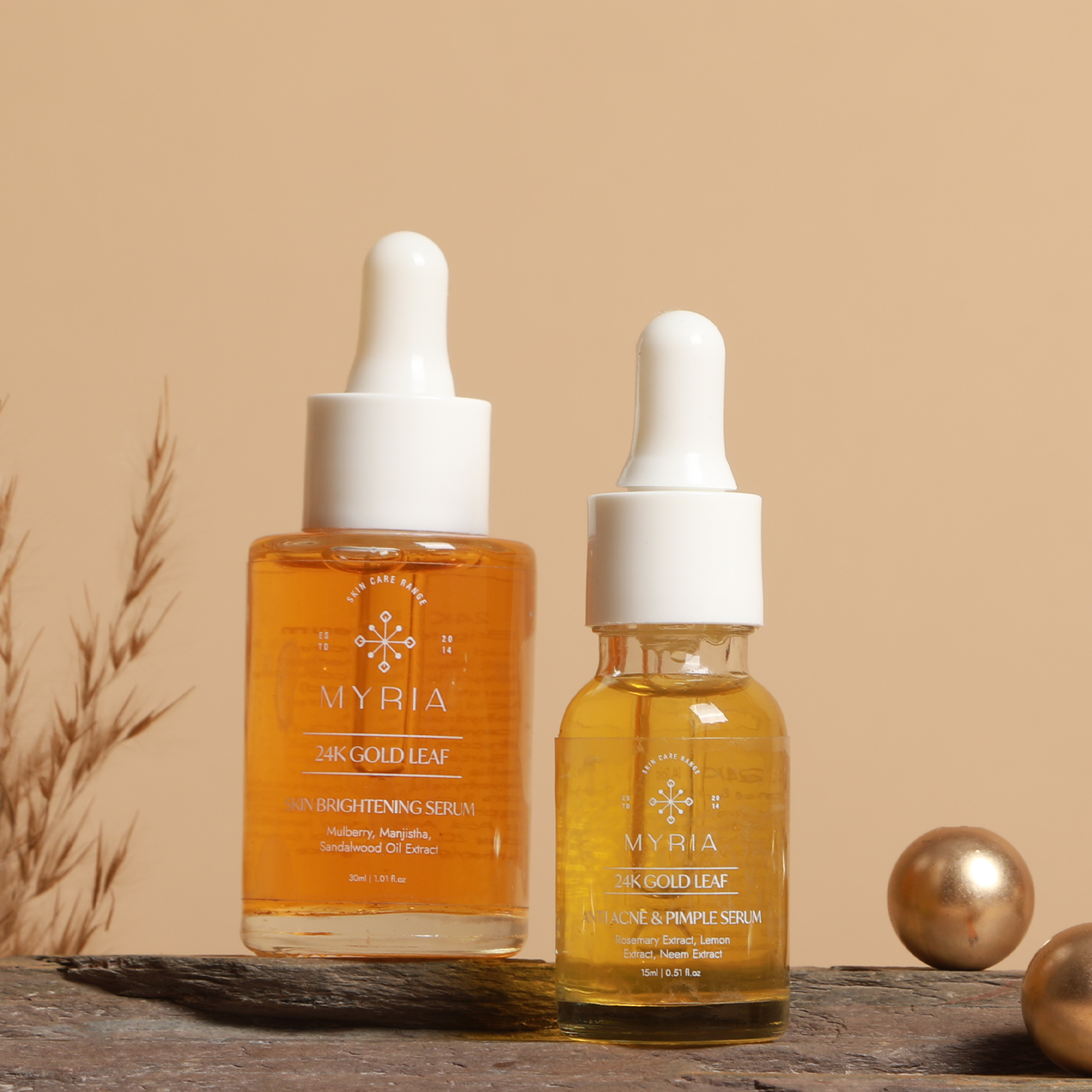 Myria 24K Gold Leaf Serum Combo: Brightening (30ml), Anti-Acne (15ml)