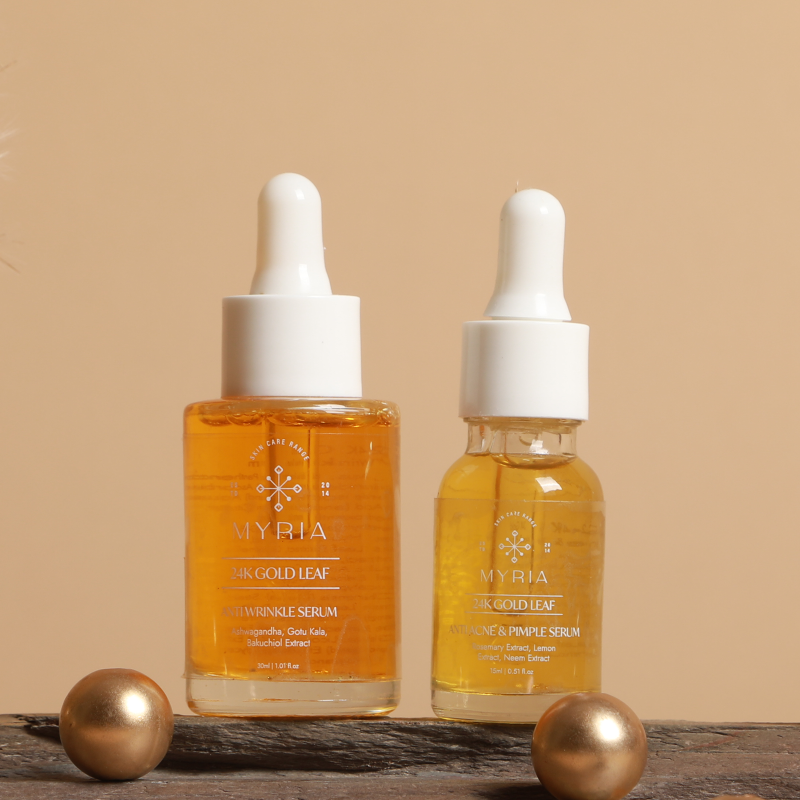 Myria 24K Gold Leaf Serum Combo: Anti-Acne (15ml), Anti-Wrinkle (30ml)