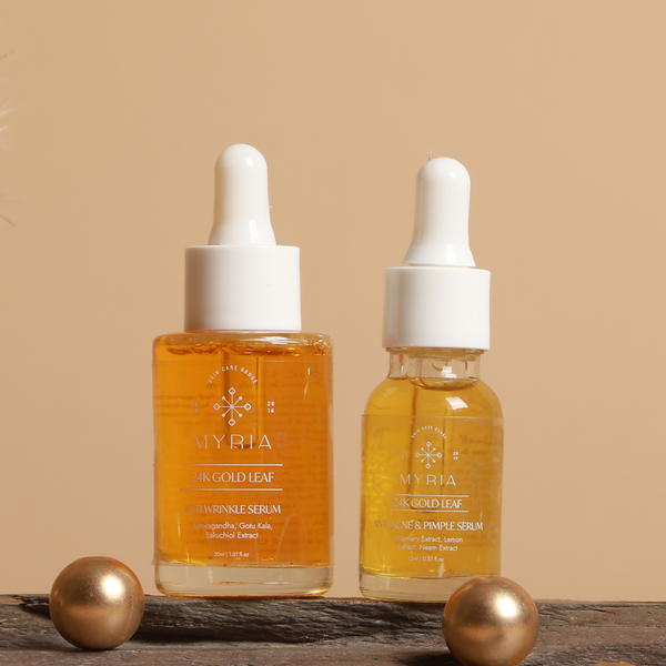 Myria 24K Gold Leaf Serum Combo: Anti-Acne (15ml), Anti-Wrinkle (30ml)