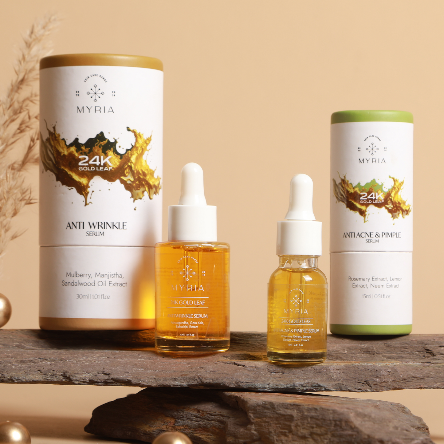 Myria 24K Gold Leaf Serum Combo: Anti-Acne (15ml), Anti-Wrinkle (30ml)