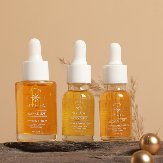 Myria 24K Gold Leaf Serum Combo: Anti-Wrinkle (30ml), Anti-Acne (15ml), Depigmentation (15ml)