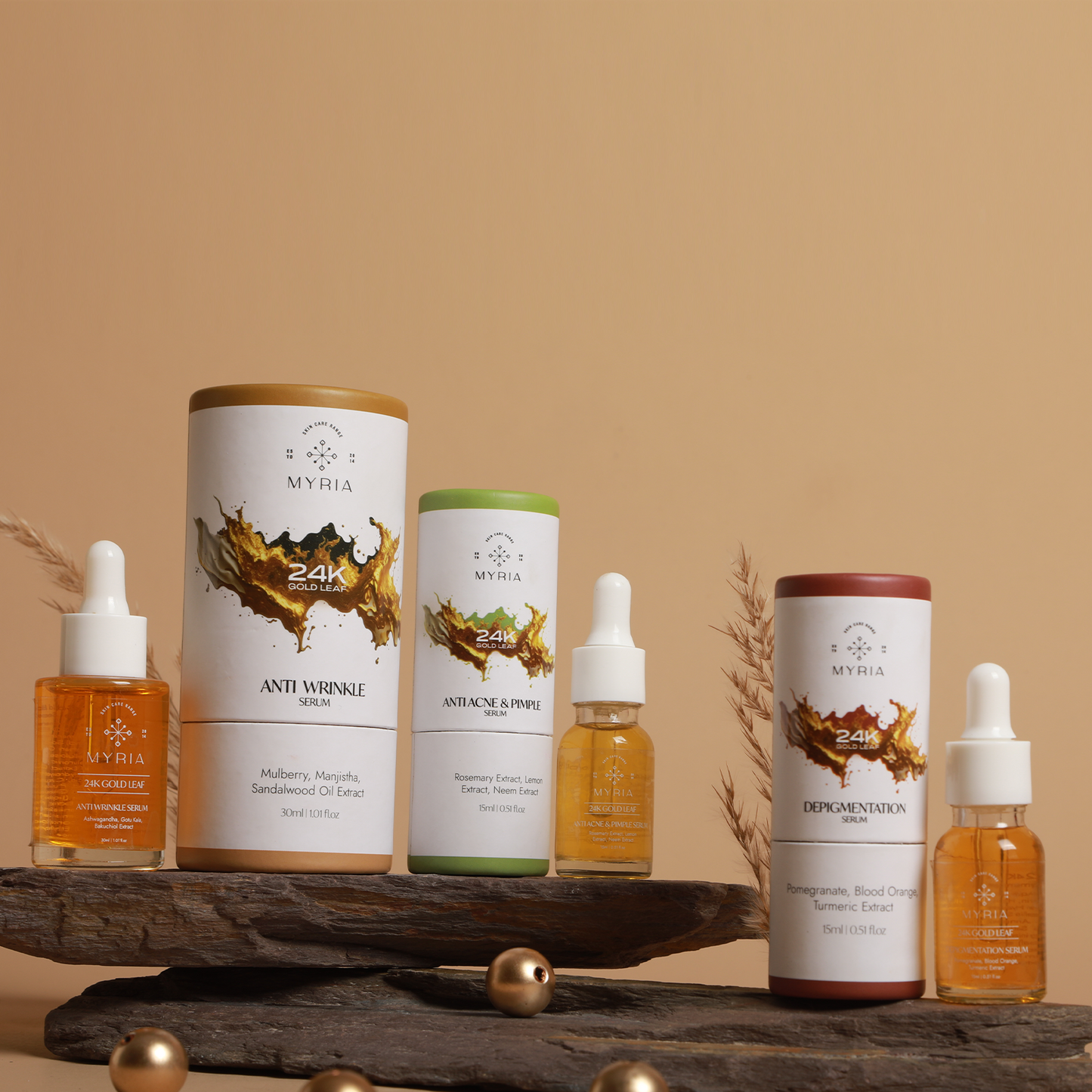 Myria 24K Gold Leaf Serum Combo: Anti-Wrinkle (30ml), Anti-Acne (15ml), Depigmentation (15ml)