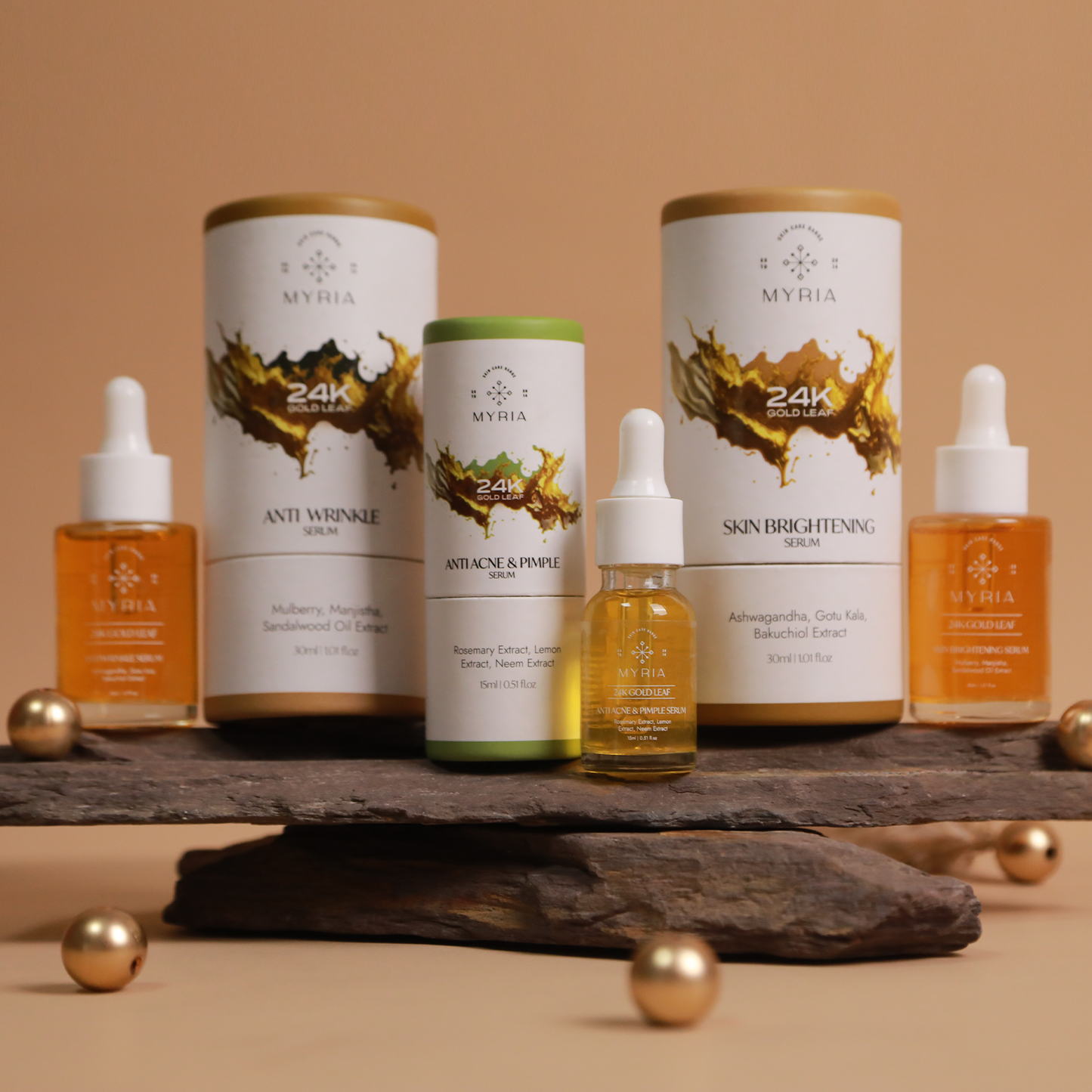 Myria 24K Gold Leaf Serum Combo: Brightening (30ml), Anti-Acne (15ml), Anti-Wrinkle (15ml)