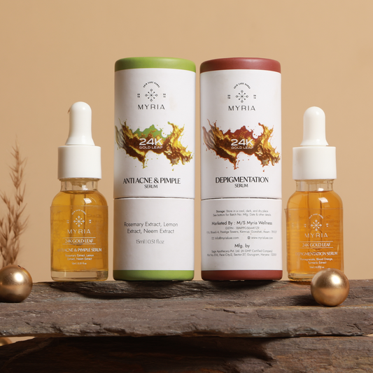 Myria 24K Gold Leaf Serum Combo: Depigmentation (15ml), Anti-Acne (15ml)